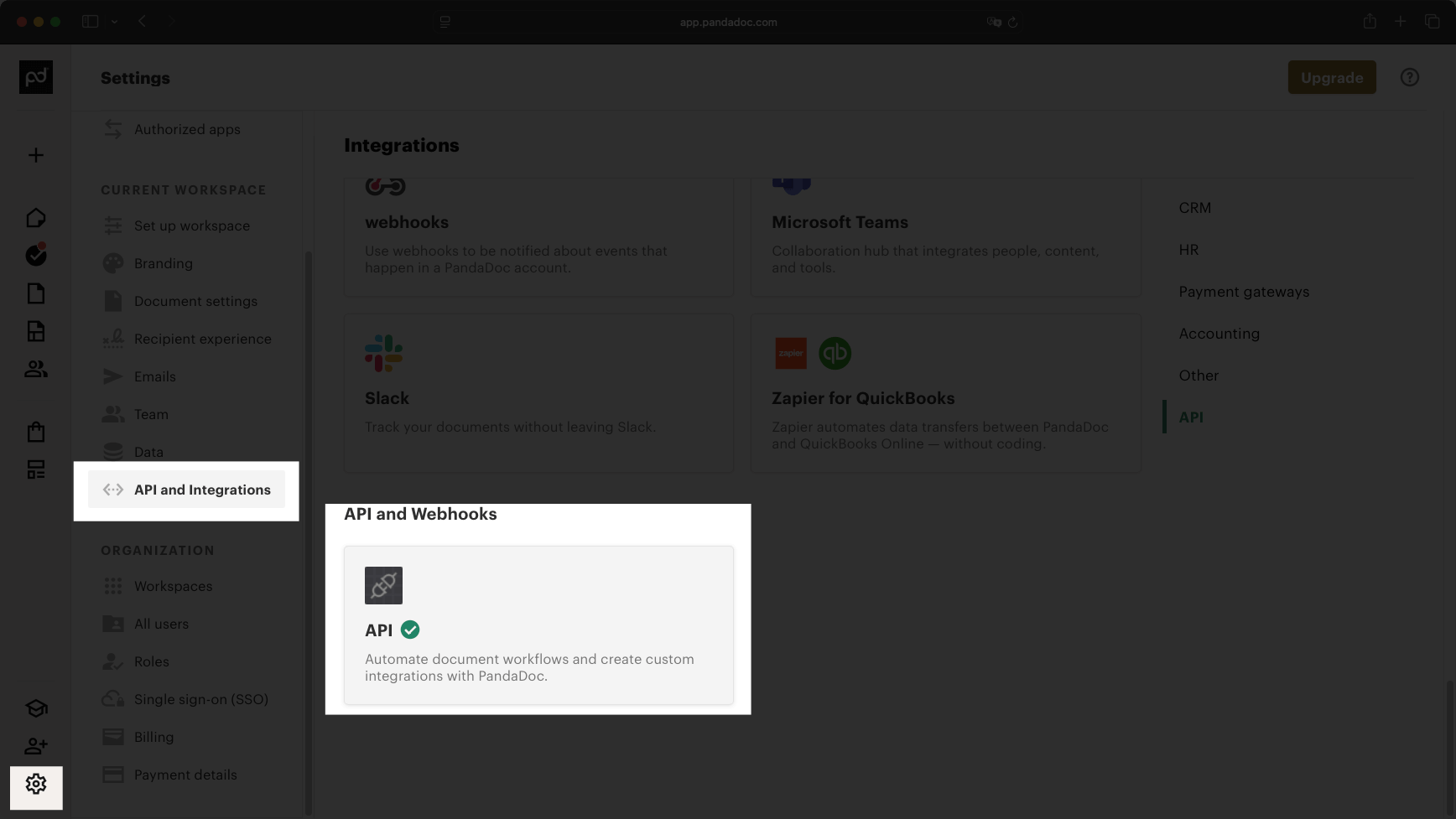 Screenshot of the PandaDoc "API and Integrations" configuration highlighting the "API" option