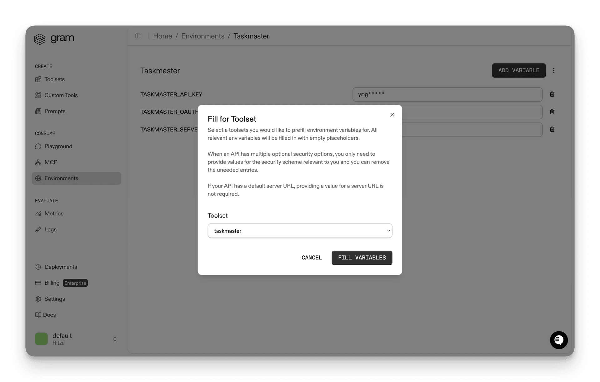 Attaching an environment to a toolset