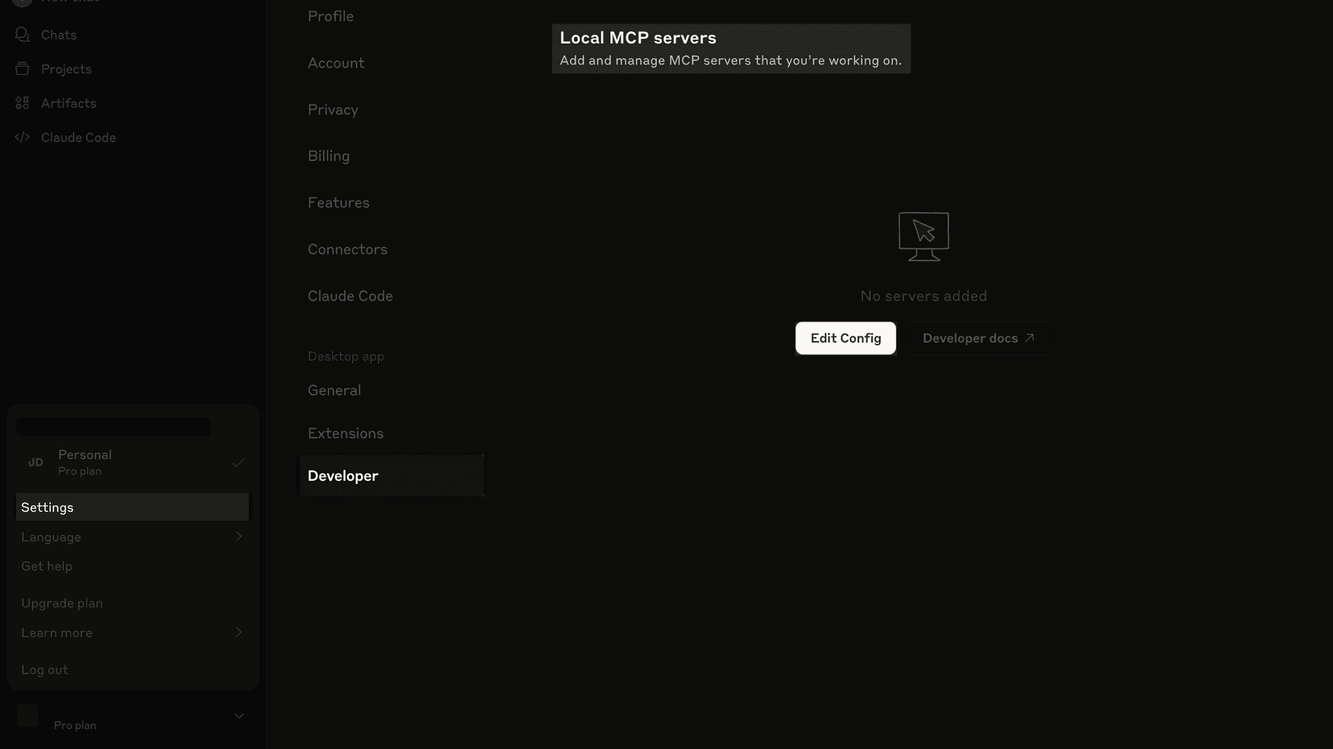 Screenshot of Claude Desktop highlighting the navigation path: Settings → Developer → Edit Config