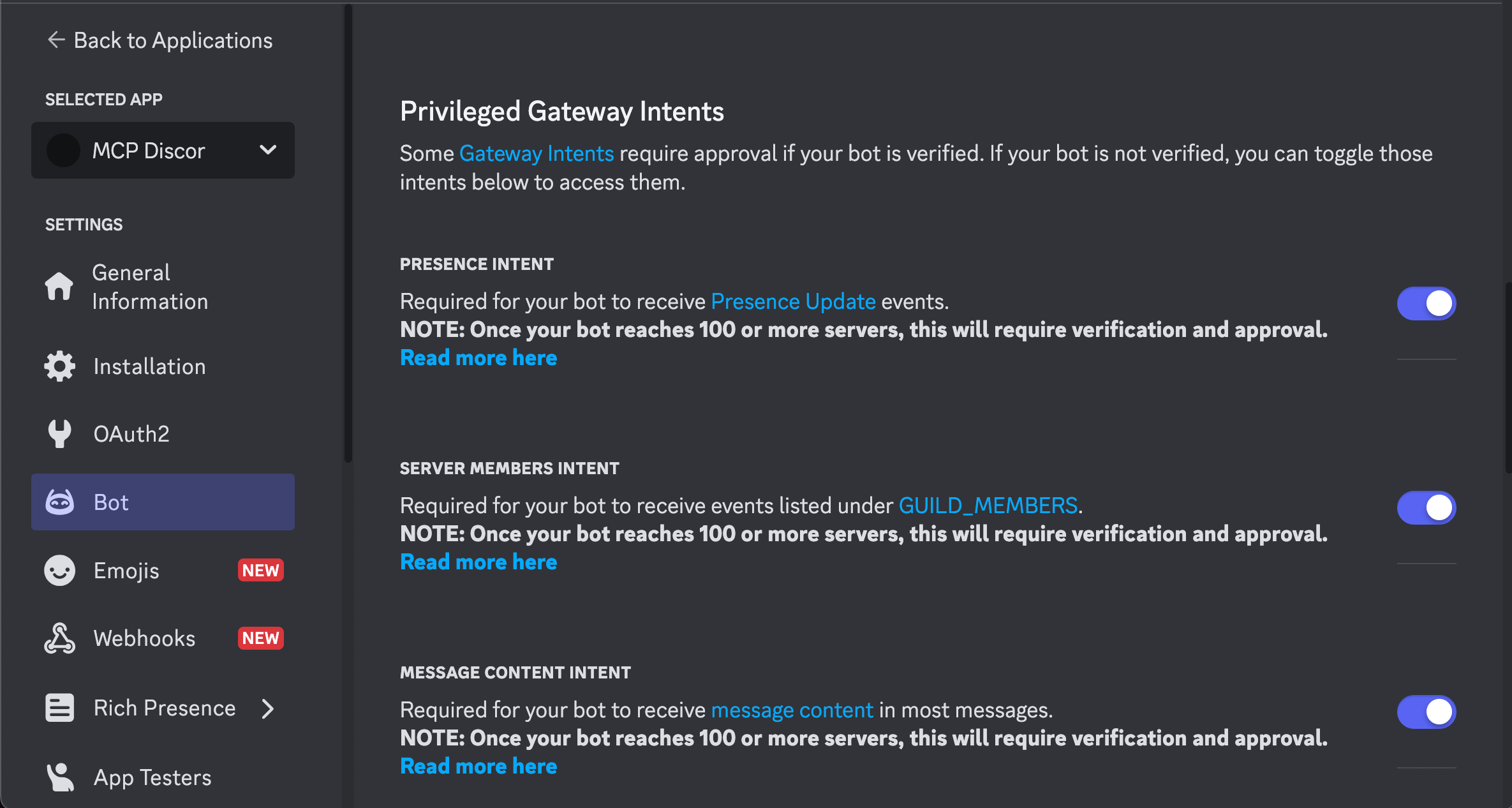Discord developer portal showing the bot intents page