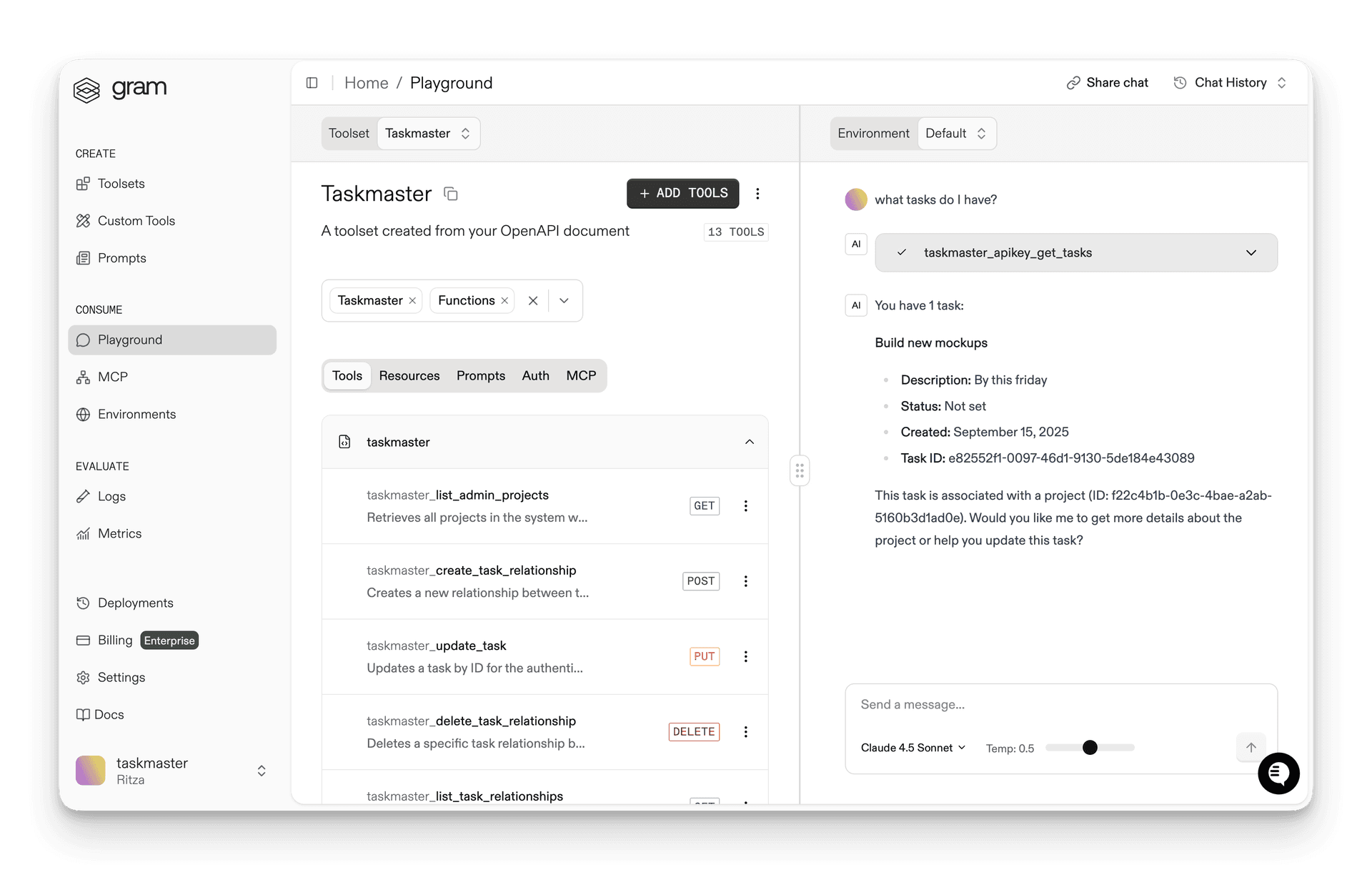 Screenshot of the Gram Playground testing Taskmaster tools