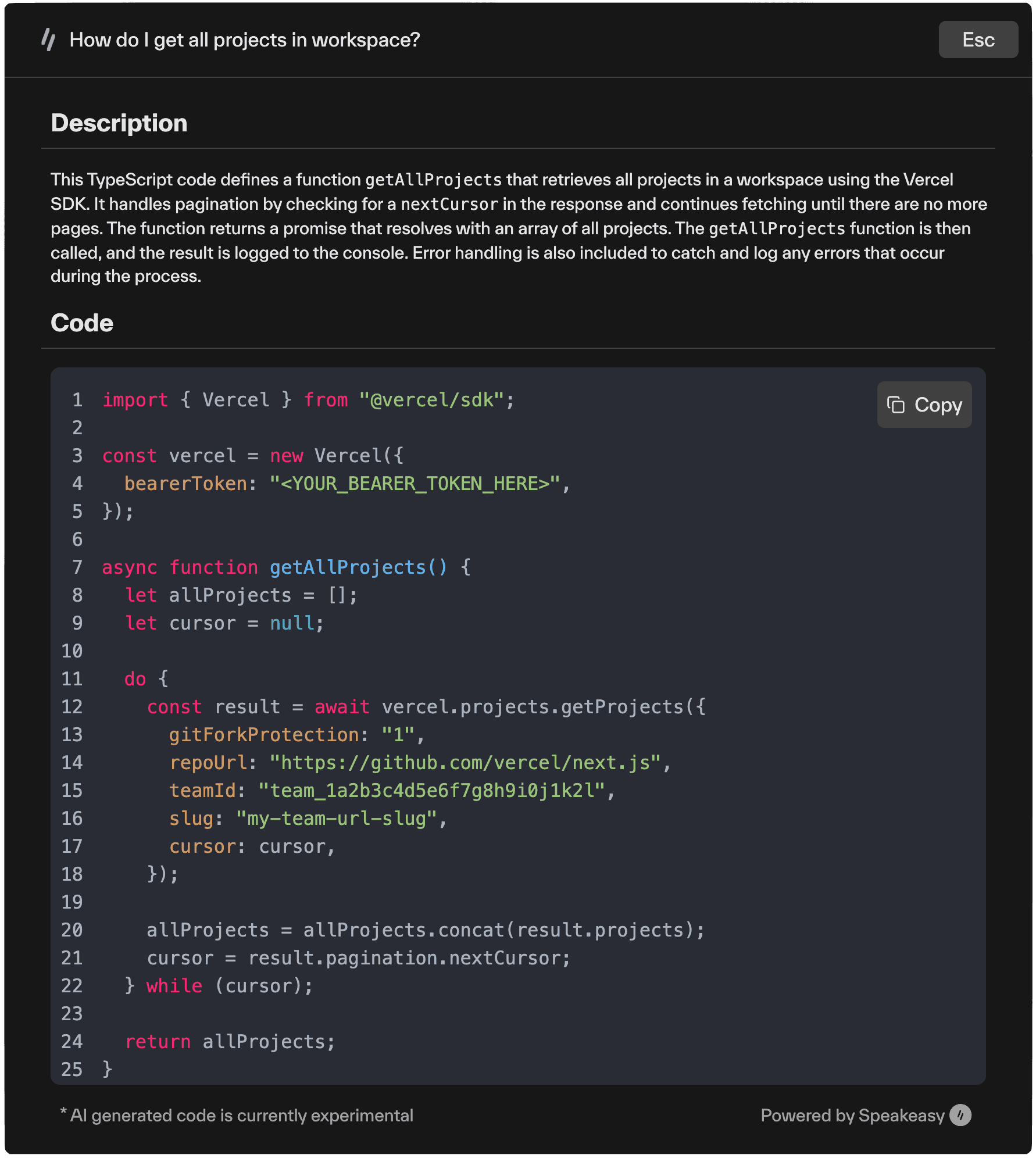 Screenshot of SnippetAI with generated code snippets