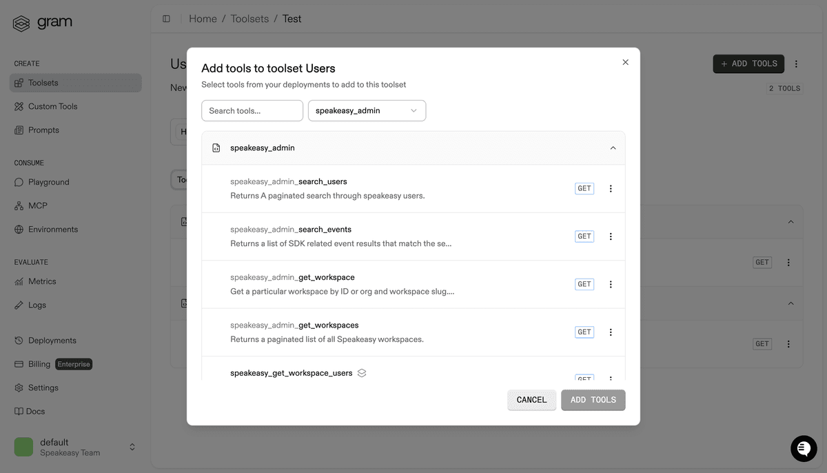 Toolset curation interface showing focused tool selection